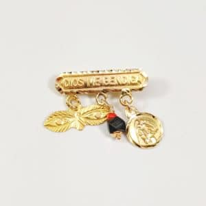 14K Yellow Gold "Dios Me Bendiga" Pin Brooch With Hanging Genuine Black Azabache Red Coral Ojos de Santa Lucia Eyes and Angel Medal