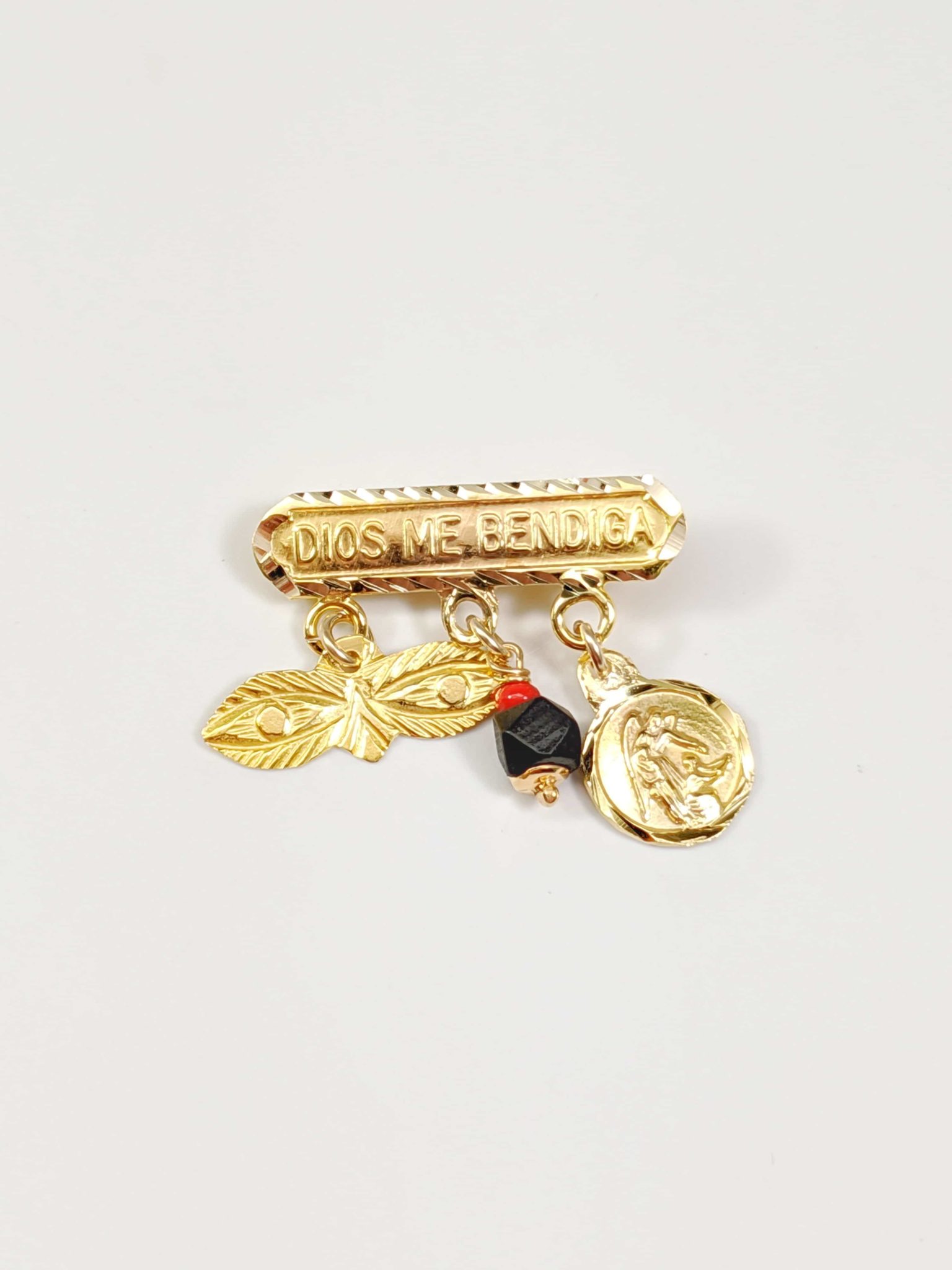 14K Yellow Gold "Dios Me Bendiga" Pin Brooch With Hanging Genuine Black Azabache Red Coral Ojos de Santa Lucia Eyes and Angel Medal