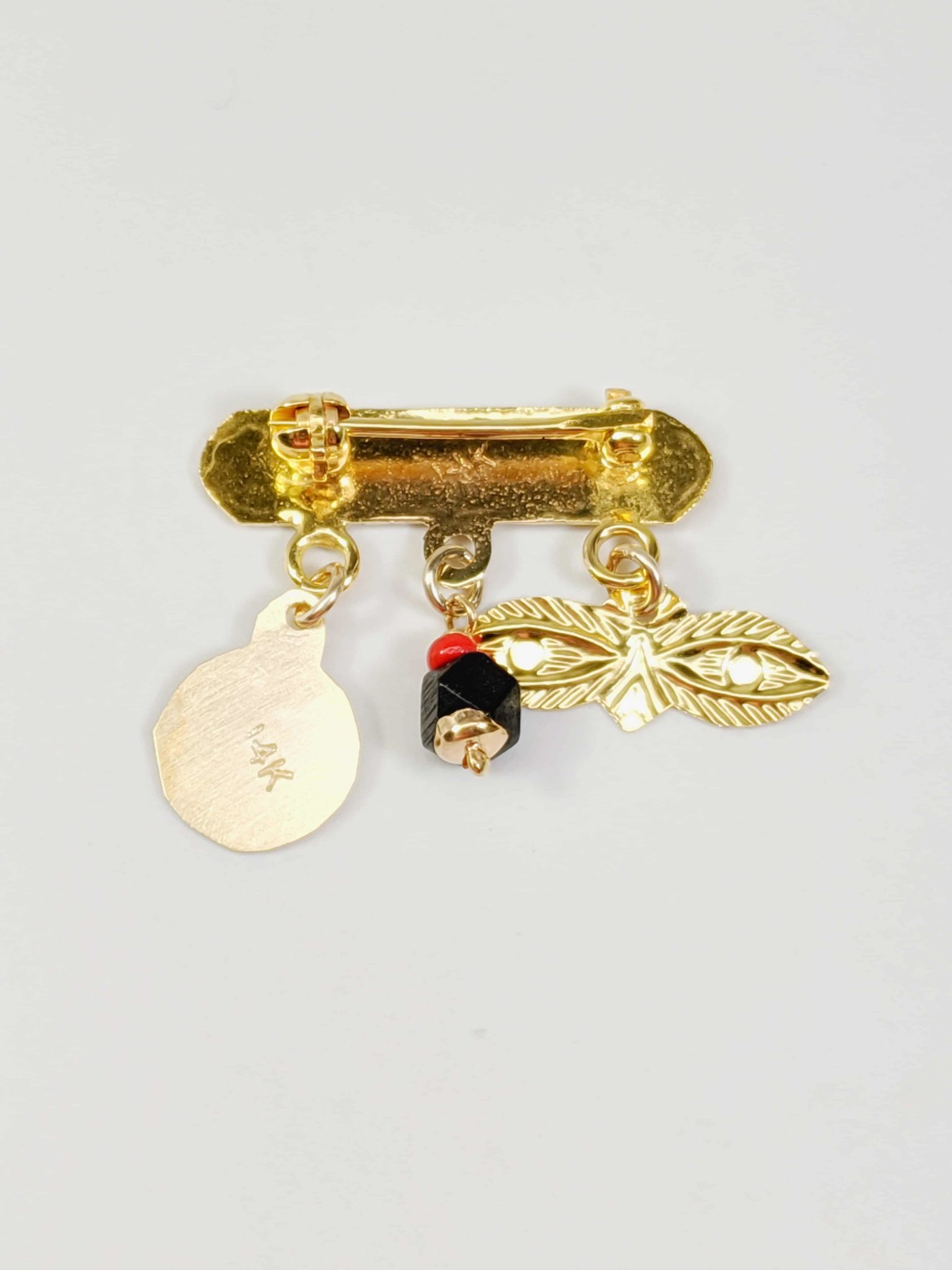14K Yellow Gold "Dios Me Bendiga" Pin Brooch With Hanging Genuine Black Azabache Red Coral Ojos de Santa Lucia Eyes and Angel Medal Back View