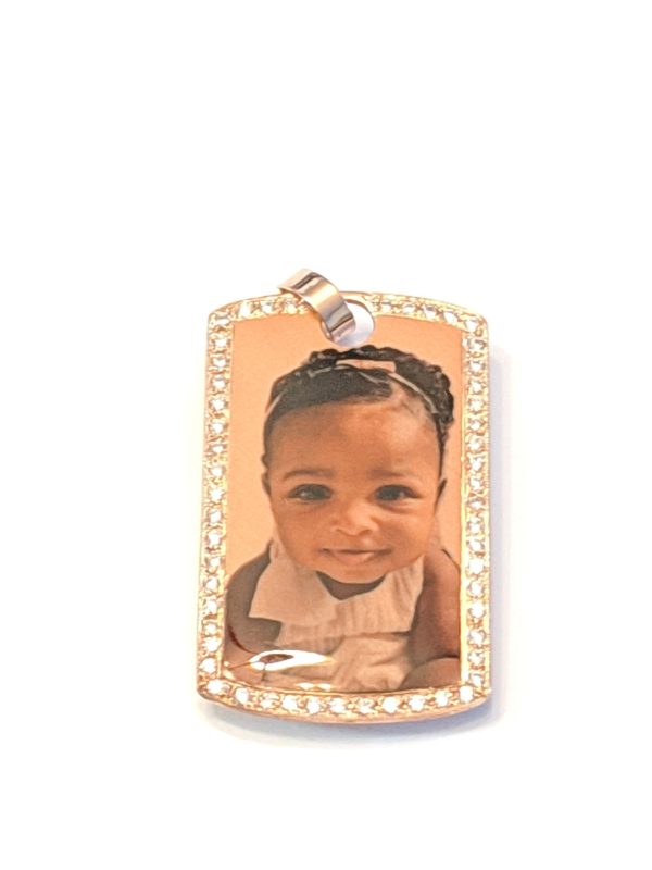 14K Rose Gold Dog Tag Photo Pendant with Cubic Zirconias Custom Design