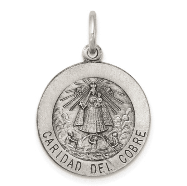 Sterling Silver Caridad Del Cobre Medal 925 Antique Finish Quarter Size Front View