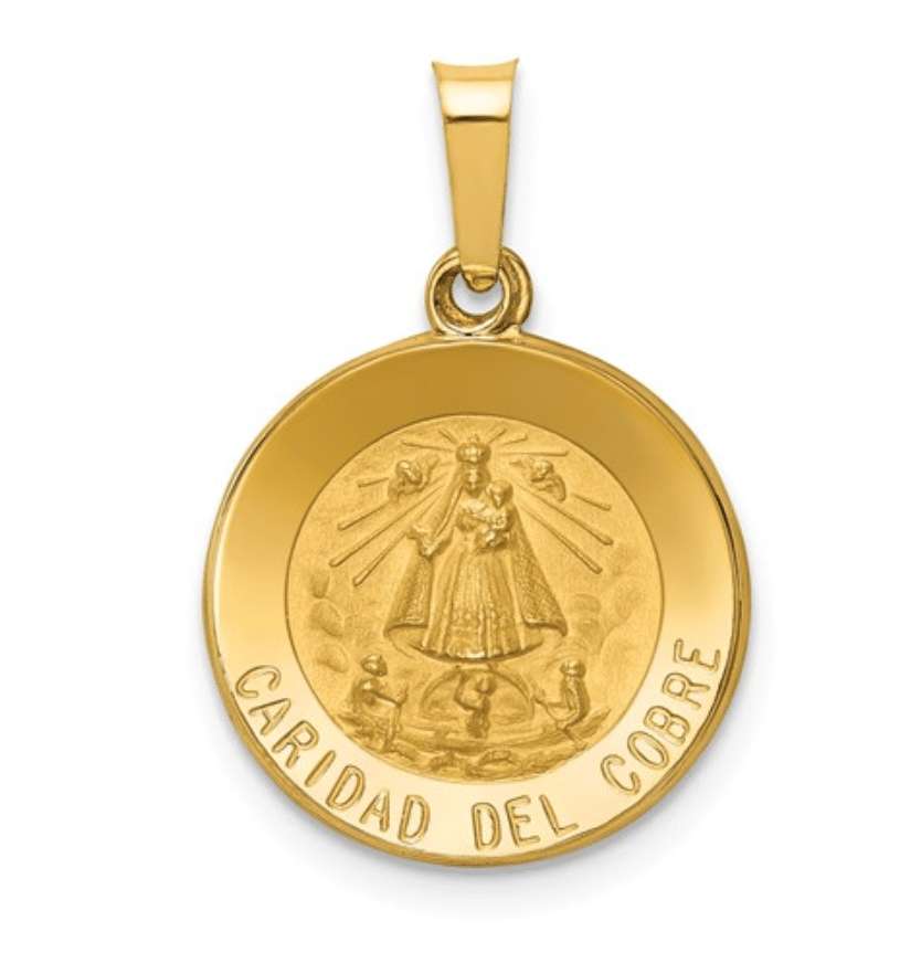 14K Gold Caridad Del Cobre Medal Round Front View .75" Length