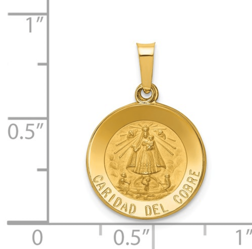 14K Gold Caridad Del Cobre Medal Round Scale View .75" Length