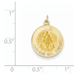 14K Gold Caridad Del Cobre Medal Round Scale View .75" Length Solid