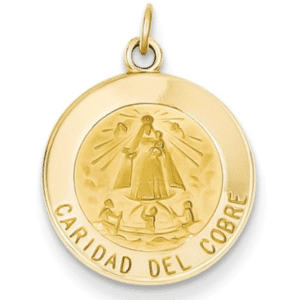 14K Gold Caridad Del Cobre Medal Round Front View .75" Length Solid