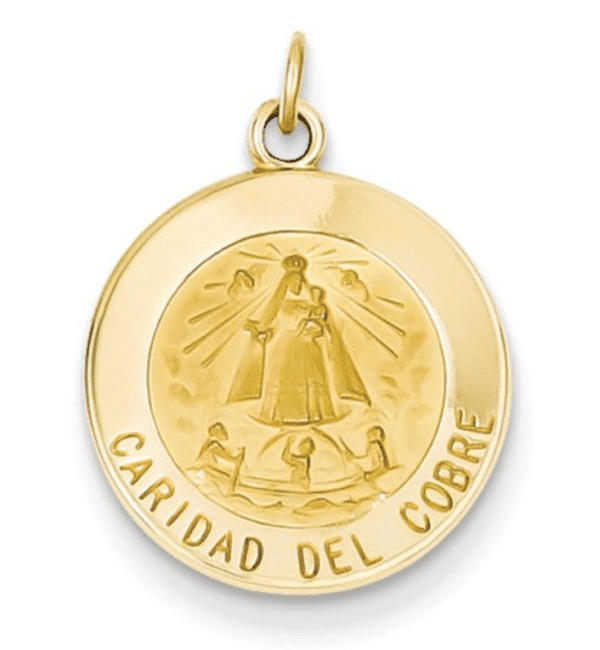 14K Gold Caridad Del Cobre Medal Round Front View .75" Length Solid