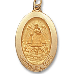 14K Yellow Gold Oval Caridad Del Cobre Medal Front View 1-1/8 Inch Length Solid