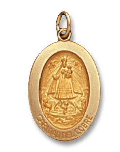 14K Yellow Gold Oval Caridad Del Cobre Medal Front View 7/8 Inch Length Solid