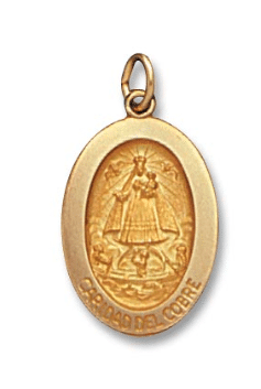 14K Yellow Gold Oval Caridad Del Cobre Medal Front View 7/8 Inch Length Solid