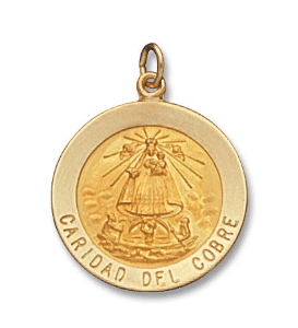 14K Yellow Gold Caridad Del Cobre Medal Round Front View 1 Inch Length Solid
