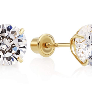 14K Yellow Gold Large Round Cubic Zirconia Stud Earrings Front with Side View Screw Back