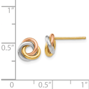 14K Tri-Color Love Knot Earrings 8MM Wide Front with Side View to Scale