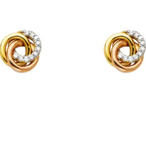 14K Tri-Color Love Knot Earrings 8MM Wide Front View with Pave Set Genuine Cubic Zirconias
