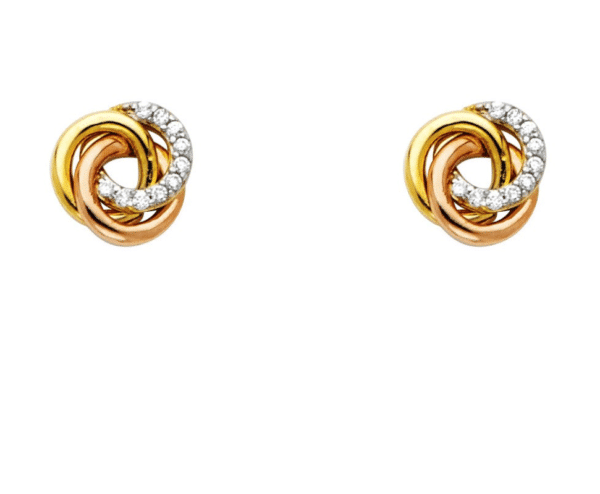 14K Tri-Color Love Knot Earrings 8MM Wide Front View with Pave Set Genuine Cubic Zirconias