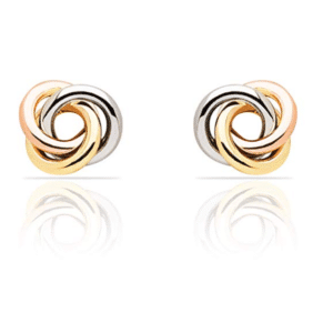 14K Tri-Color Love Knot Earrings 8MM Wide Front View