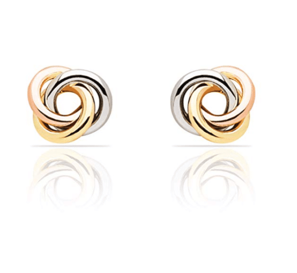 14K Tri-Color Love Knot Earrings 8MM Wide Front View