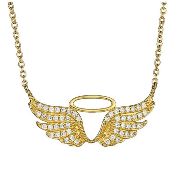 14K Yellow White Gold Angel Wings with Halo Necklace Pendant Set