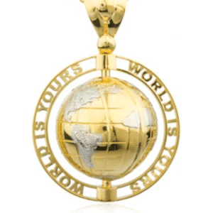 14K Yellow Gold "World Is Yours" Globe Pendant Two-Tone Rhodium Continents Hip-Hop