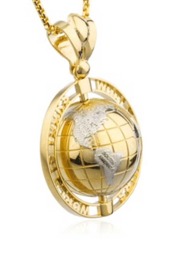 14K Yellow Gold "World Is Yours" Globe Pendant Two-Tone Rhodium Continents Hip-Hop Side View