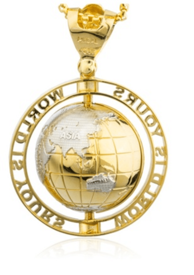 14K Yellow Gold "World Is Yours" Globe Pendant Two-Tone Rhodium Continents Hip-Hop Rear Back View
