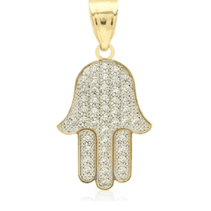 Solid 14K Yellow Gold Hamsa Hand of God Pendant with Genuine white Cubic Zirconias
