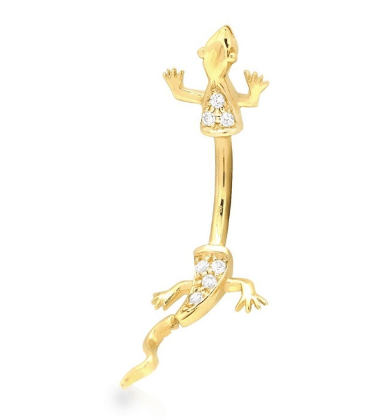 14K Yellow Gold Lizard Reptile Bellybutton Piercing with Genuine White Cubic Zirconias