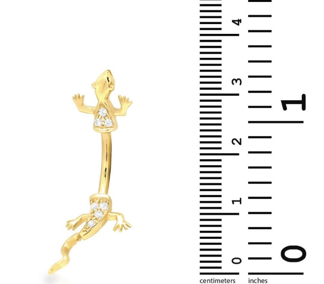 14K Yellow Gold Lizard Reptile Bellybutton Piercing with Genuine White Cubic Zirconias Scale View