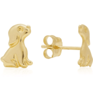14K Yellow Gold Sitting Puppy Dog Pushback Stud Earrings Front and Side View