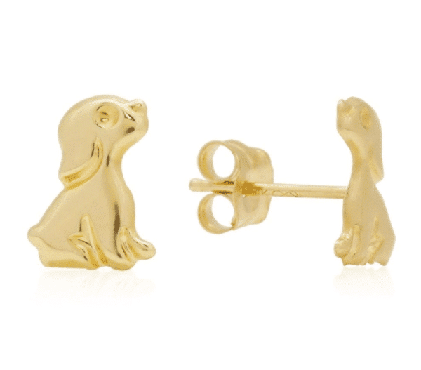 14K Yellow Gold Sitting Puppy Dog Pushback Stud Earrings Front and Side View