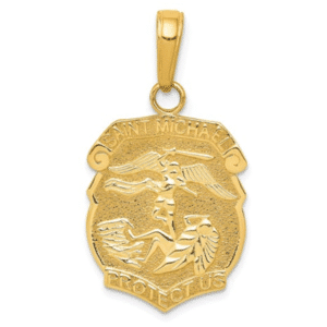 14K Yellow Gold Saint Michael Medal Badge Pendant, Saint Michael Protect Us Police Officer Small Size