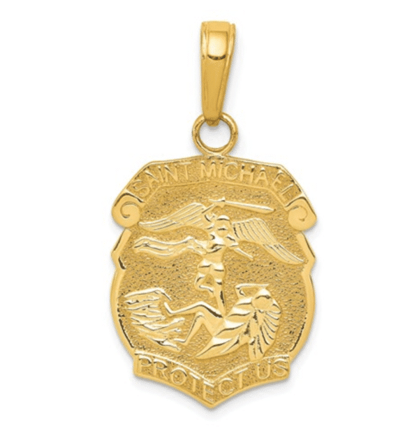 14K Yellow Gold Saint Michael Medal Badge Pendant, Saint Michael Protect Us Police Officer Small Size