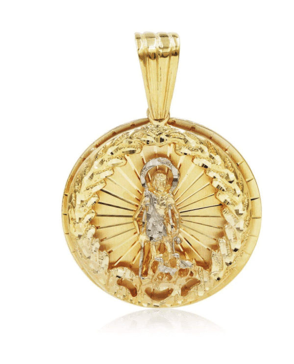 14K Yellow Gold San Lazaro Pendant 3D Round Medal Medium, Mid-Sized, Solid Gold for Cuban Link Chain Santero, Santeria, Saint Lazarus, Two-tone