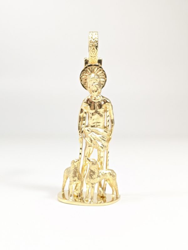 14K Yellow Gold Solid San Lazaro Pendant 3 Dimensional, 3D, Saint Lazarus, Front View
