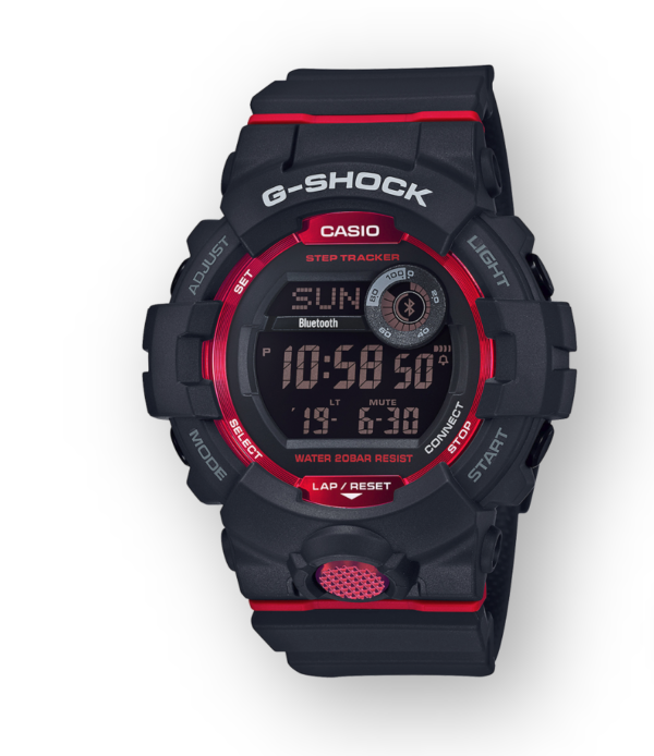 GBD800-1 G-Shock by Casio Bluetooth Connectivity Black with Red Watch Digital Front View, Analog