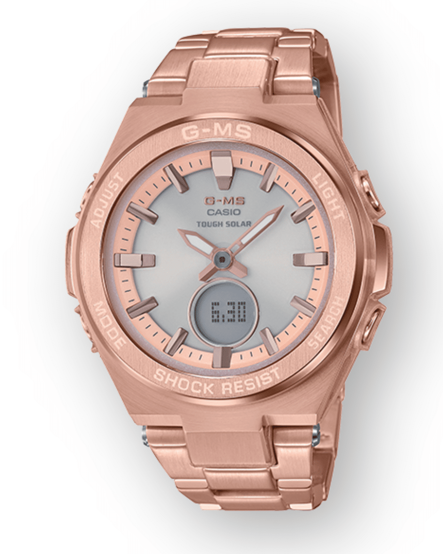 MSGS200DG-4A Ladies G-Shock Tough Solar Rose Gold Plated Watch Digital Front View, Analog