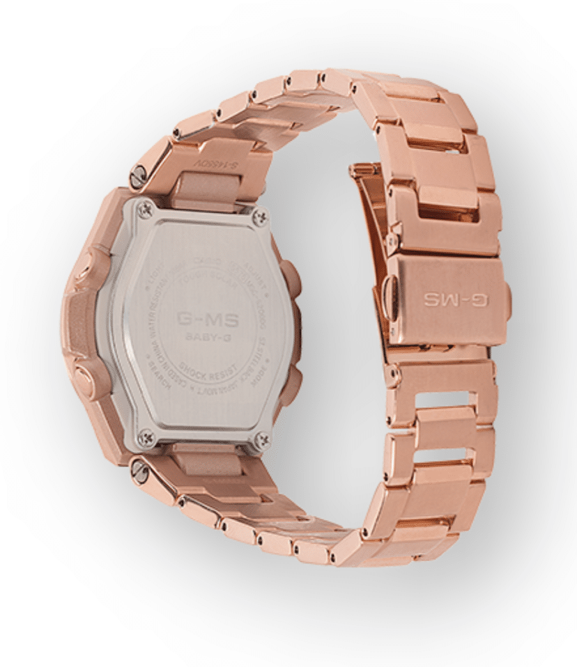 MSGS200DG-4A Ladies G-Shock Tough Solar Rose Gold Plated Watch Digital Rear View, Analog
