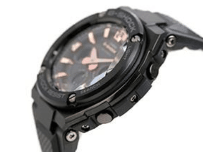 GST-S310BDD-1A G-Shock by Casio Pave Diamond mounted at the 12, 3 & 6 o'clock positions Tough Solar, Black Stainless Steel Metal with Rose Gold, Watch Digital Side View, Analog