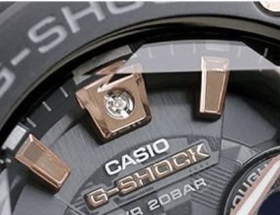 GST-S310BDD-1A G-Shock by Casio Pave Diamond mounted at the 12, 3 & 6 o'clock positions Tough Solar, Black Stainless Steel Metal with Rose Gold, Watch Digital Diamond View, Analog