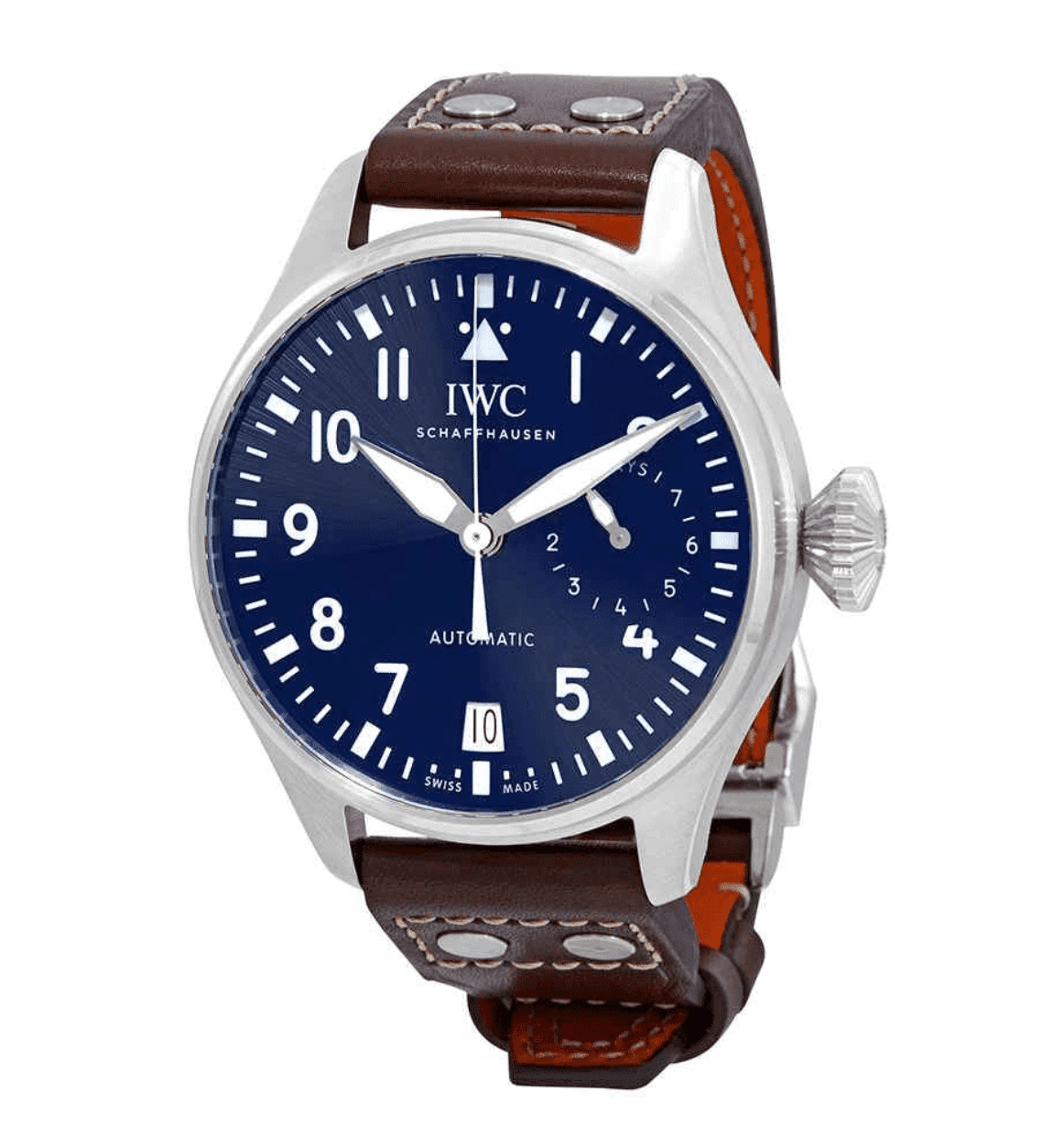 IWC "Le Petit Prince" Big Pilot IW501002 Screw Down Crown, Beautiful Blue Dial, 8 Day Power Reserve, Brown Leather Strap with deployment clasp, Front View white